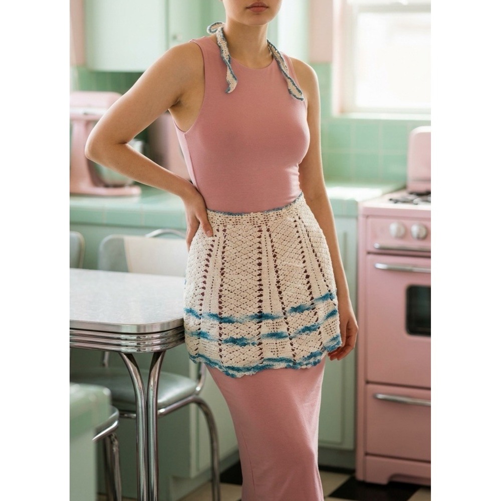 vintage Blue White CROCHET Handmade Waist HALF APRON Stripes RETRO DINER